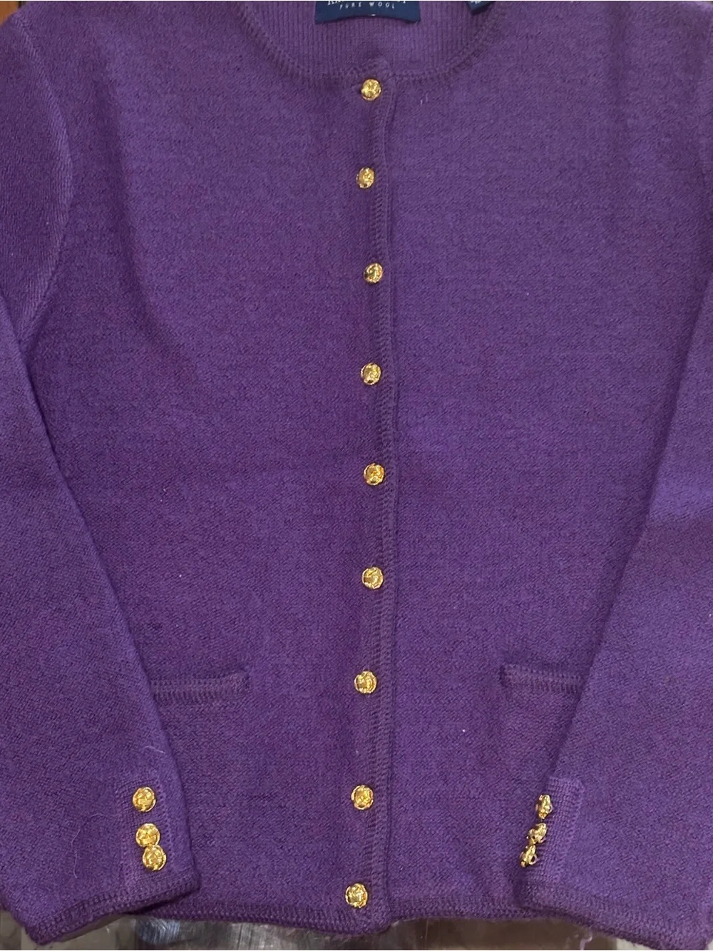 Karen Scott Size: L Purple Crewneck Cashmere-Blend Cardigan with Gold Buttons